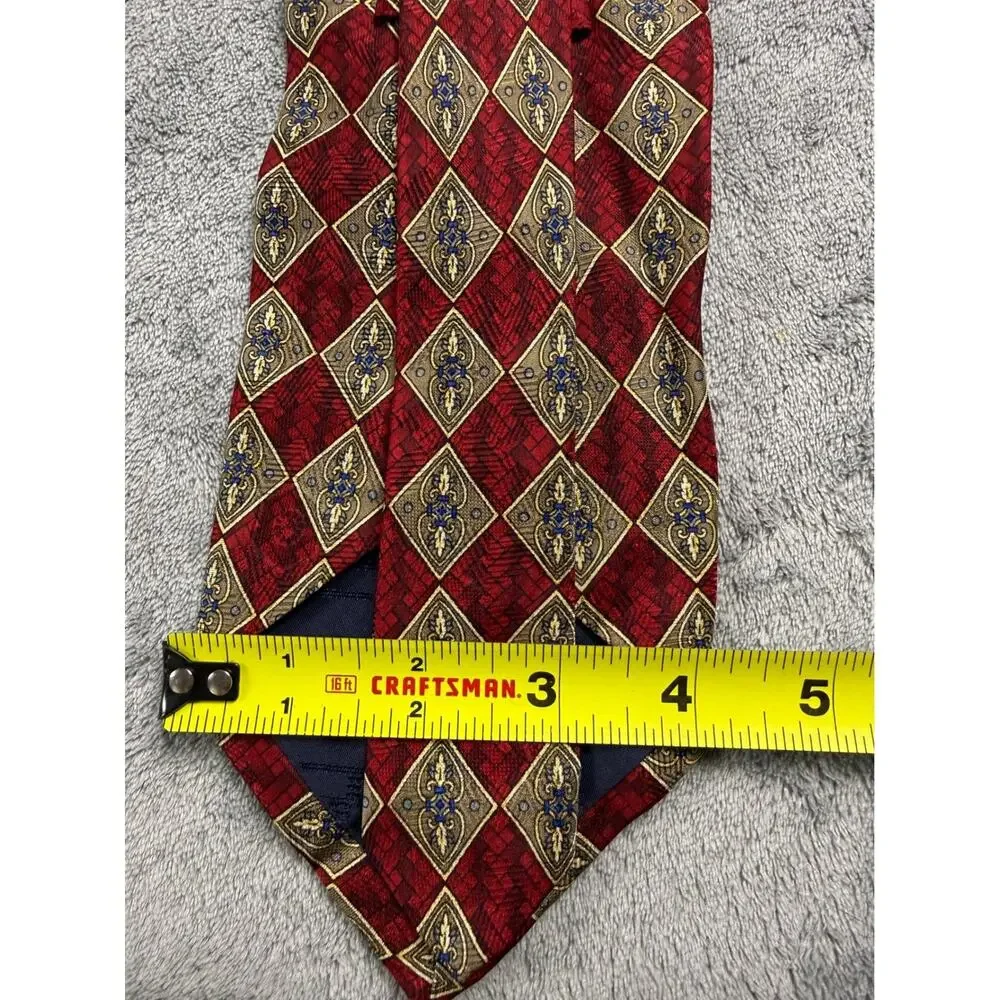 Roundtree‎ & Yorke Mens Extra Long Silk Tie Burgundy Red Gold Diamond Geometric